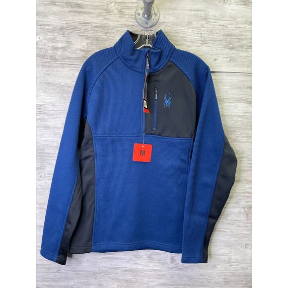 Spyder Mens Sweater M 1/2 Zip Blue Black Pullover Outdoor Mid Weight - Picture 1 of 12